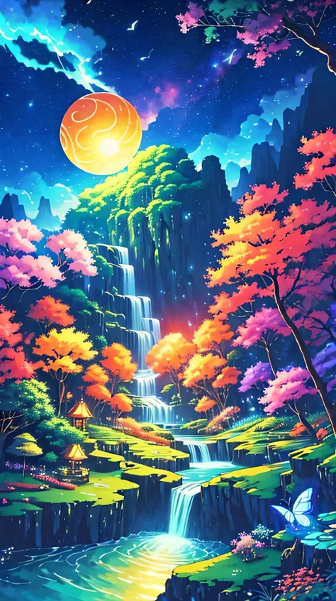 Viral anime nature wallpaper in 4K quality, in the style of digital illustration, depicting a dreamlike garden with floating islands, waterfalls cascading down, and glowing butterflies; surreal and vibrant color temperature, cosmos lighting with stars twin...