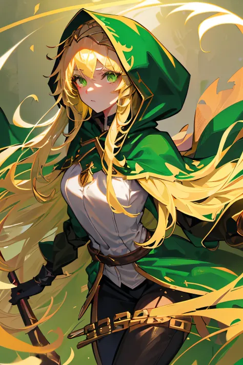 1girl, Blonde straight long hair, green eyes, (Detailed face), Full body, ((intense green with golden details medieval hood cape)), medieval, (Grasslands bakcground), masterpiece, black pants, (cute face), black hair, ((intense green hood)), ((golden detai...