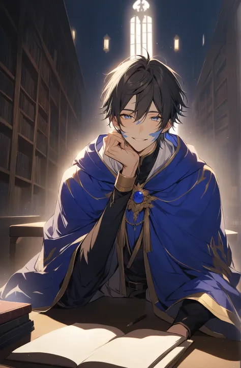 Pretty young man in large mage cloaks of royal blue and gold, Dark black hair, light blue eyes, light blue tattoos on face and skin, Dramatic lighting, Pretty smile, joyful, Sitting in a library crouched on a table, handsome, 1man, Looking at viewer