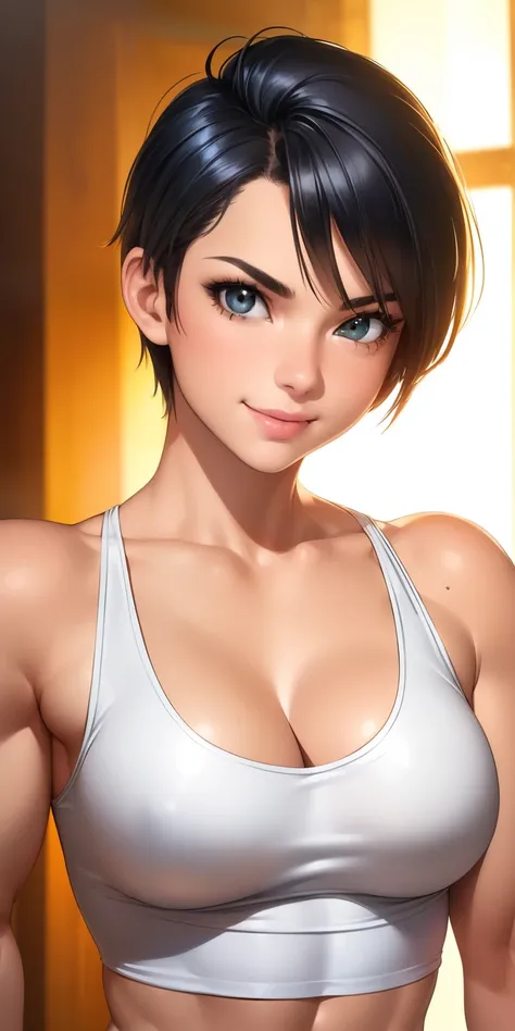 (best quality, ultra-detailed, photorealistic: 1.39), bright and vibrant colors, studio lighting, romantic expression, love smile, Beautiful terry tank top, white latex shorts, light fabric, undercut platinum bobcut black hair, small breasts, fit, muscular...