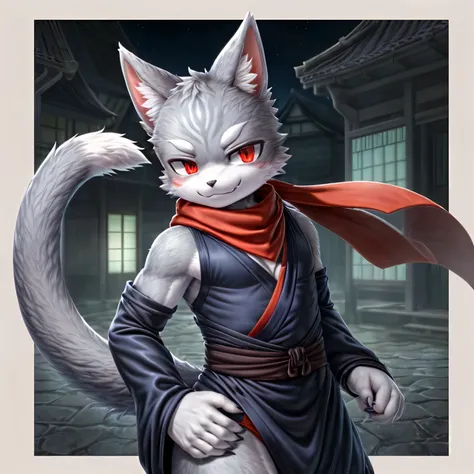 ((masterpiece, best quality)), (anthro furry:1.3, snout:1.2, anthro:1.3, furry:1.2, solo male:1.2, smug smile), Furry, kemono, furry cat, anthropomorphic, male, femboy, silver fur, silver skin, red eyes, ninja clothes, sexy clothes, revealing clothes, Japa...