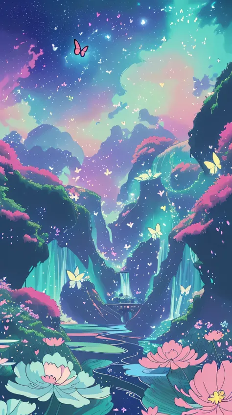 Viral anime nature wallpaper in 4K quality, in the style of digital illustration, depicting a dreamlike garden with floating islands, waterfalls cascading down, and glowing butterflies; surreal and vibrant color temperature, cosmos lighting with stars twin...