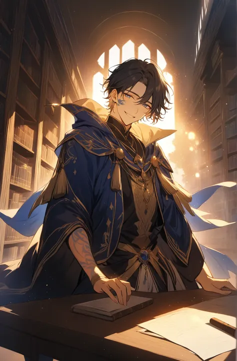 Pretty young man in large mage cloaks of light blue and gold, Elaborate clothing, Dark black hair, light blue eyes, light blue tattoos on face and arms, Dramatic lighting, Golden hour, Pretty smile, joyful, Sitting in a library crouched on a table, handsom...