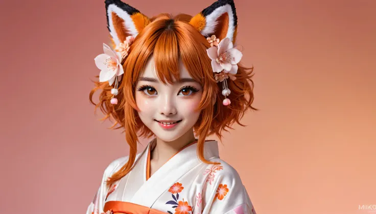 masterpiece, best quality, highly detailed, 1girl, solo, (:3:0.9), animal ear fluff, animal ears, orange hair, fluffy hair, blush, brown eyes, flower, fox ears, fox girl, gradient, gradient background, hair flower, hair ornament, japanese clothes, kimono, ...