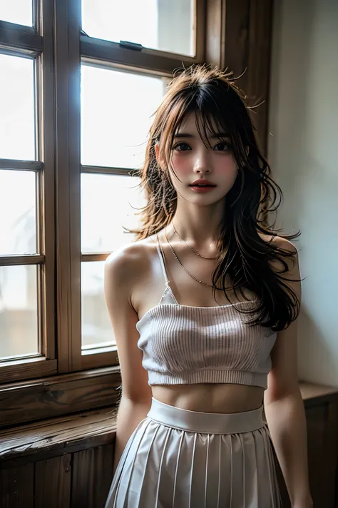 (8k, RAW Photos,Best Quality, High resolution:1.1), (Ultra-realistic:1.4),(Realistic, Realistic:1.3),The Beauty of Japan、Upper Body, Girl, Shining Eyes, Steampunk Nude Style, 超美Girl、Clear skin and face,Pleated skirt