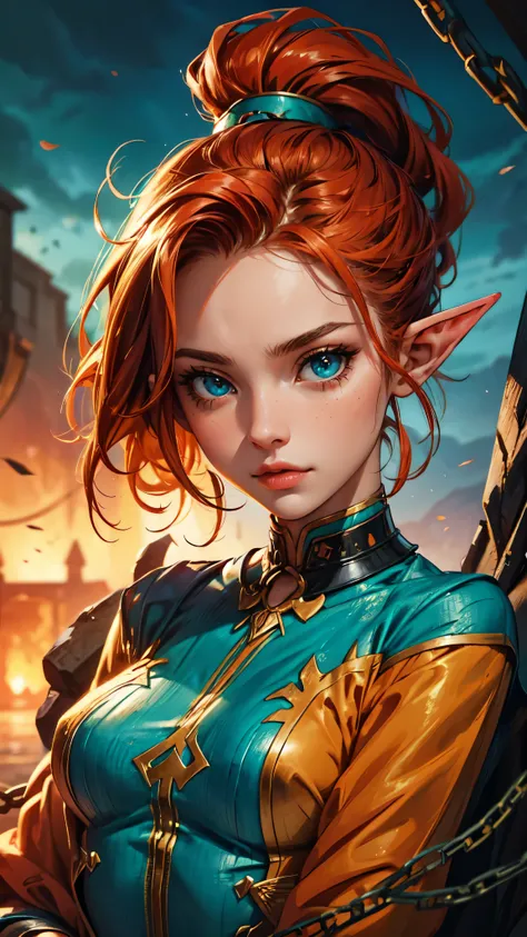 1girl is breaking the chains,deep orangered ponytail hair,turquoise eyes,small breasts,masterpiece, best quality, very aesthetic, absurdres,detailed face, detailed eyes, detailed hands, elf woman,full body,wet hair,
