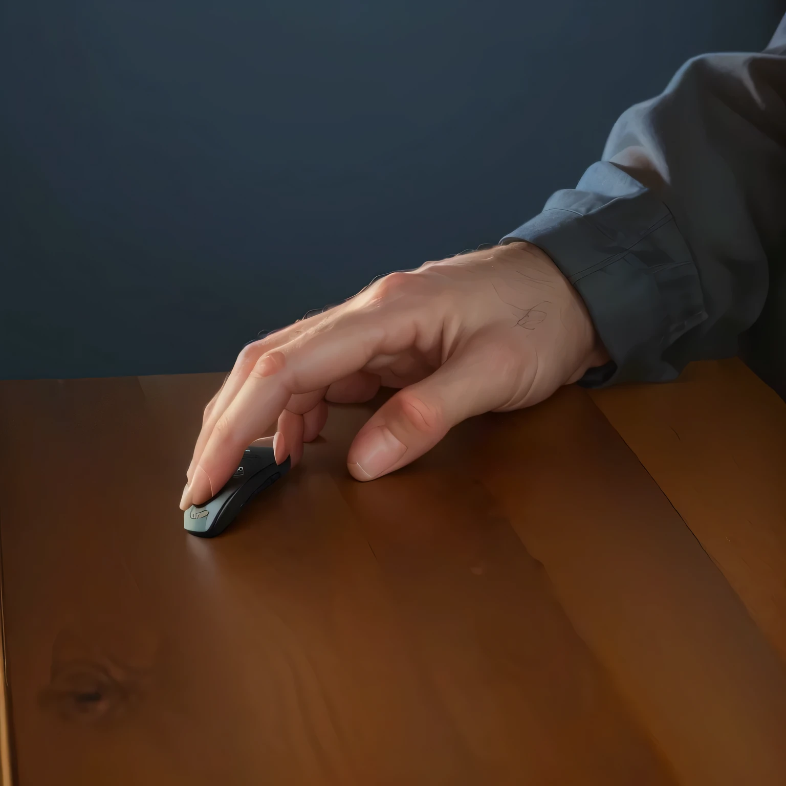 someone is using a computer mouse on a wooden table, hand on table, back of hand on the table, realistic hand, realistic illustration, photorealistic illustration, sitting on mans fingertip, realistic fingers, hyperrealistic illustration, corrected hand, s...