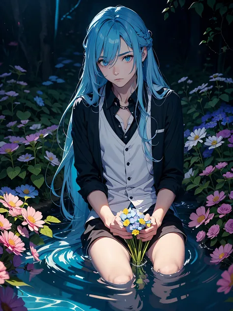 Light blue hair. With flowers. With mohnblume. More anime. 2d. Glow. Blue hair. More anime. male. Long hair. long blue hair. boy. Light blue hair. blue eyes. Water.