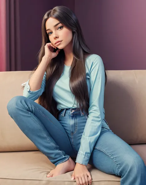 a woman, with long hair and jeans, sitting on a couch, in the style of cartoon realism, i cant believe how beautiful this is, cute and dreamy, disney animation, realistic hyper-detail, warmcore --ar 73:105 --stylize 750 --v 6