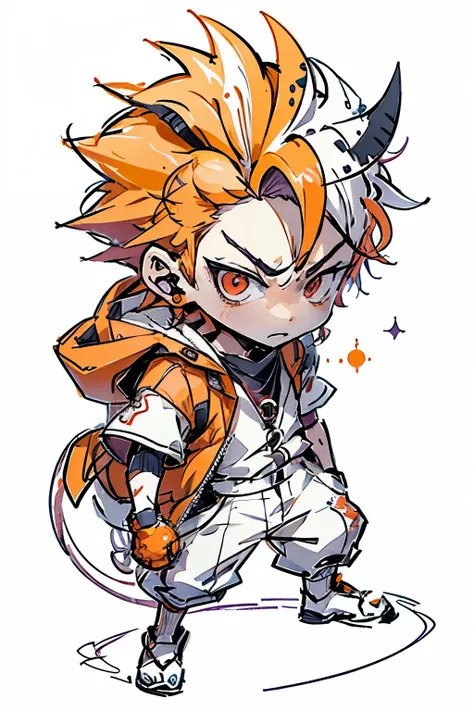 pencil sketch, boy wear a crab costume, full body view, anime, solo boy, angry expression, (orange and light purple hair), (moha...