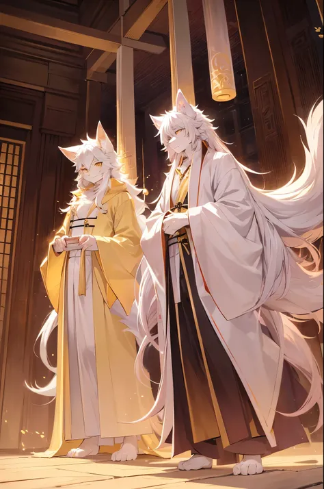 a beautiful kitsune male(white and pink fur, yellow eyes, very long hair, furry tail), furry art, style picture of a man , handsome anime pose, soft lighting, flowing yellow robes, flowing hair and long robes, white haired deity, wearing a flowing cloak, f...