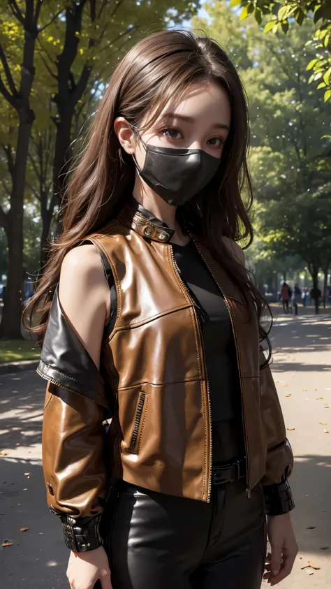 8K, ultra hd, masterpiece, hd colors, 1 girl, perfect face, very long curly hair, ((detailed eyes)), simple shirt, ((golden and black leather jacket)), ((thin vest)), ((mask)), bare shoulder, jwellery, ((in the park)), lighting, bloom, front body pose,