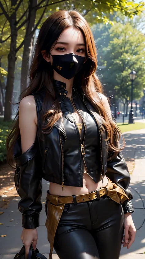 8K, ultra hd, masterpiece, hd colors, 1 girl, perfect face, very long curly hair, ((detailed eyes)), simple shirt, ((golden and black leather jacket)), ((thin vest)), ((mask)), bare shoulder, jwellery, ((in the park)), lighting, bloom, front body pose,