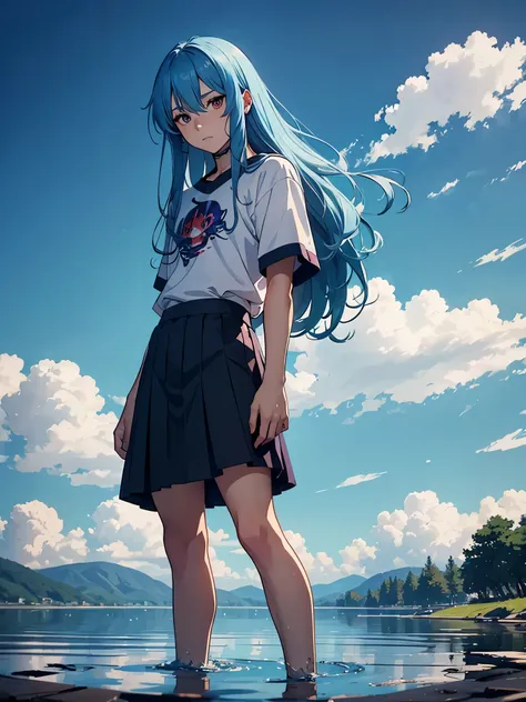 Light blue hair. Boy in skirt. More anime style. blue flames. 2d. flatter. anime style. Viking clothing. soft. More anime. Standing in a lake. More anime. More 2d. Clean. More anime. 2d. Glow. Blue hair. More anime. male. Long hair. long blue hair. boy, vi...