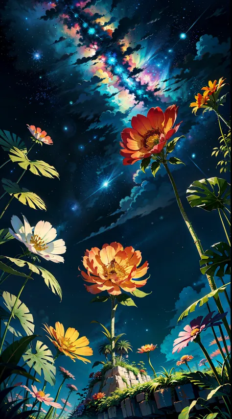 Viral anime nature wallpaper in 4K quality, in the style of illustration inspired by Akira Toriyama, featuring a fantastical jungle with oversized plants, vibrant flowers, and exotic animals; bright and playful color temperature, cosmos lighting with stars...