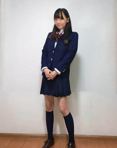 Super detailed,Best Quality,One high school girl,Standing in a school classroom,He turns slightly to the side and looks at me,Wearing a blazer uniform,Posing for a photo,Her hands are clasped together in front of her skirt,The background is blurred