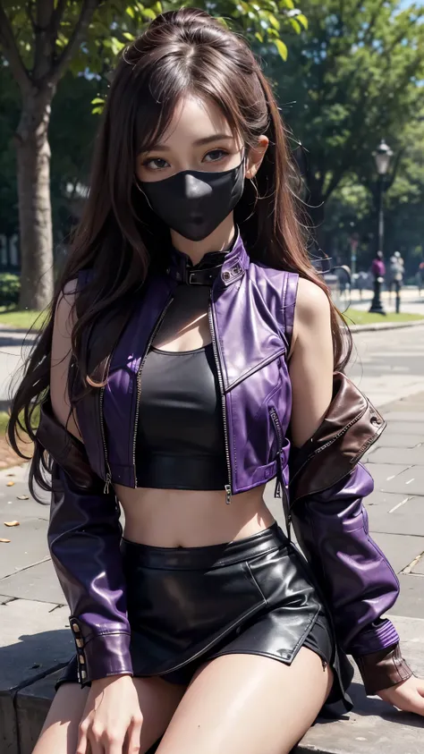 8K, ultra hd, masterpiece, hd colors, 1 girl, perfect face, very long curly hair, ((detailed eyes)), simple shirt, ((purple leather jacket)), ((cropped vest)), ((mask)), bare shoulder, ((mini skirt)), ((bare thigh)), jwellery, ((in the park)), lighting, bl...