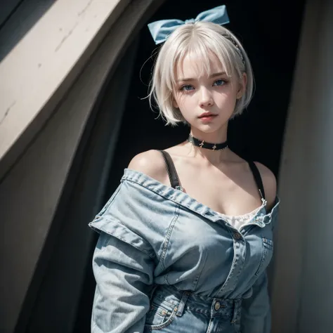 a beautiful young woman with short white hair wearing a choker, blue jeans, standing in a solo pose, hair bow, looking directly at the viewer, realistic, detailed, vivid, high quality, photorealistic