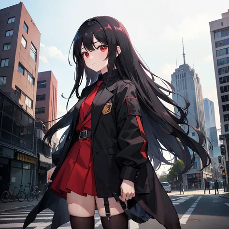 a  with long black hair, red eyes, , black suit, standing, buildings scenery