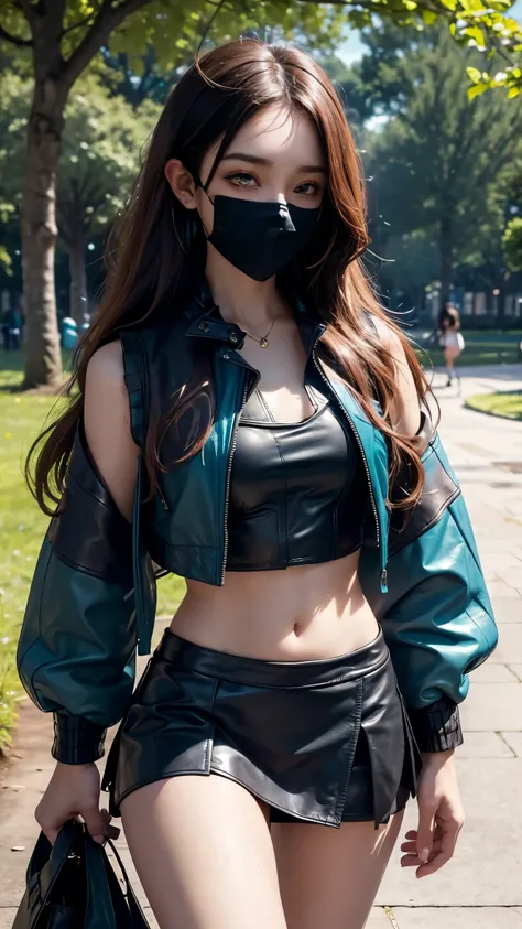 8K, ultra hd, masterpiece, hd colors, 1 girl, perfect face, very long curly hair, ((detailed eyes)), simple shirt, ((teal leather jacket)), ((cropped vest)), ((mask)), bare shoulder, ((mini skirt)), ((bare thigh)), jwellery, ((in the park)), lighting, bloo...