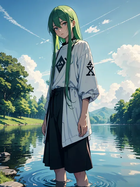 Male. Pants. Long hair. Flowers. Older. Boy in skirt. Grey eyes. Light green hair. Runen magier. Runes. More anime style. Flowers. 2d. flatter. anime style. White clothing. soft. More anime. Standing in a lake. More anime. More 2d. Clean. More anime. 2d. G...