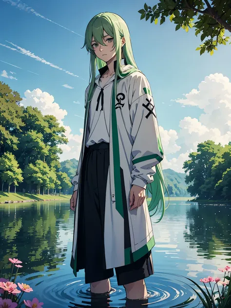 Male. Pants. Long hair. Flowers. Older. Boy in skirt. Grey eyes. Light green hair. Runen magier. Runes. More anime style. Flowers. 2d. flatter. anime style. White clothing. soft. More anime. Standing in a lake. More anime. More 2d. Clean. More anime. 2d. G...