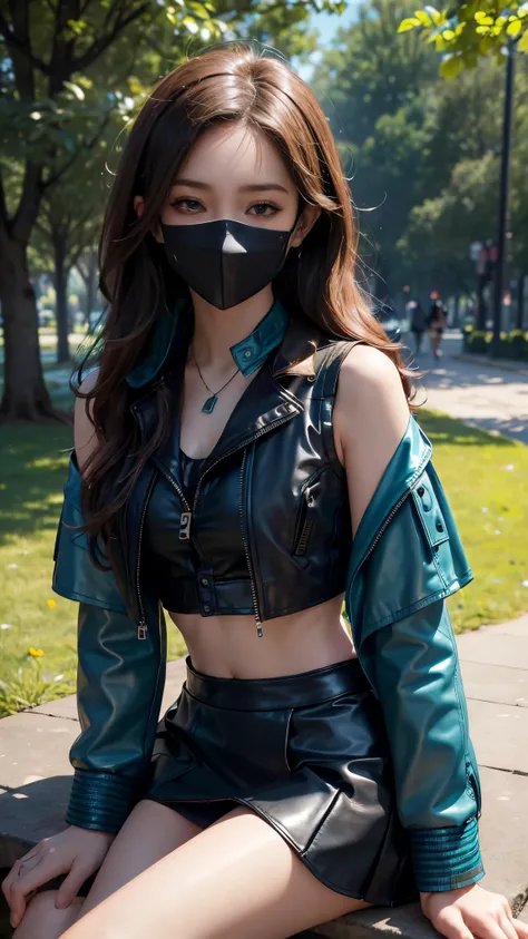 8K, ultra hd, masterpiece, hd colors, 1 girl, perfect face, very long curly hair, ((detailed eyes)), simple shirt, ((teal leather jacket)), ((cropped vest)), ((mask)), bare shoulder, ((mini skirt)), ((bare thigh)), jwellery, ((in the park)), lighting, bloo...