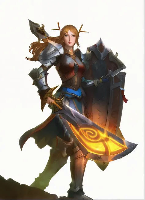 Elf woman knight, glowing sword, shield