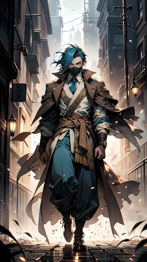 (masterpiece:1.2, best quality:1.2, extremely delicate:1.2), ((male:1.5)), a man with disheveled short cyan hair, wearing a mask that reveals sharp eyes, a sturdy build, an open tattered fantasy-style long coat with its hem billowing in the wind, his arms ...