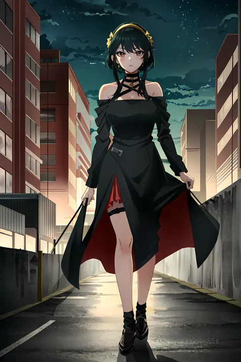 ((extremely detailed CG unity 4k wallpaper)),(masterpiece),(ultra quality),(ultra-detailed),(best illustration),(best shadow),(Extremely Detailed),(absurdres),(detailed background),Break, Yor Forger, y, 1girl, solo, black hair, golden ear rings, golden hai...