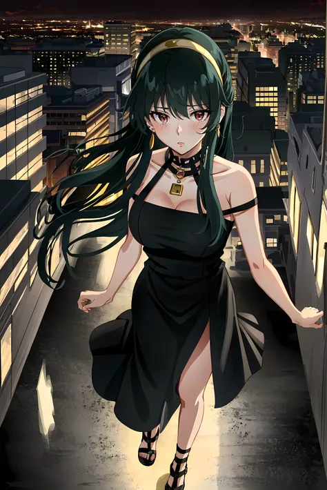 ((extremely detailed CG unity 4k wallpaper)),(masterpiece),(ultra quality),(ultra-detailed),(best illustration),(best shadow),(Extremely Detailed),(absurdres),(detailed background),Break, Yor Forger, y, 1girl, solo, black hair, golden ear rings, golden hai...