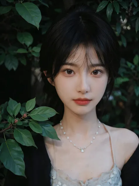 Best quality，Ultra-high resolution，Sunny，，(Reality:1.4)，1 girl，Slim beauty:1.4），(Black Hair，Mid-chest:1.3)，Exquisite forest，Super delicate face，Exquisite eyes，Double eyelids，necklace