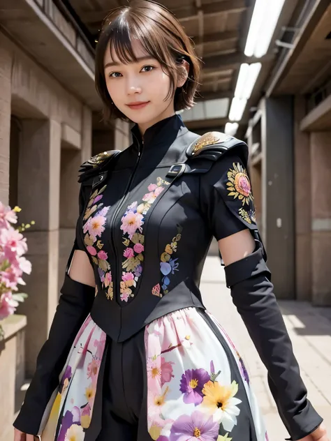 287 (20-year-old woman,Short Hair) , (A kind smile) , flower , (Futuristic combat suit), (colorful), fractal