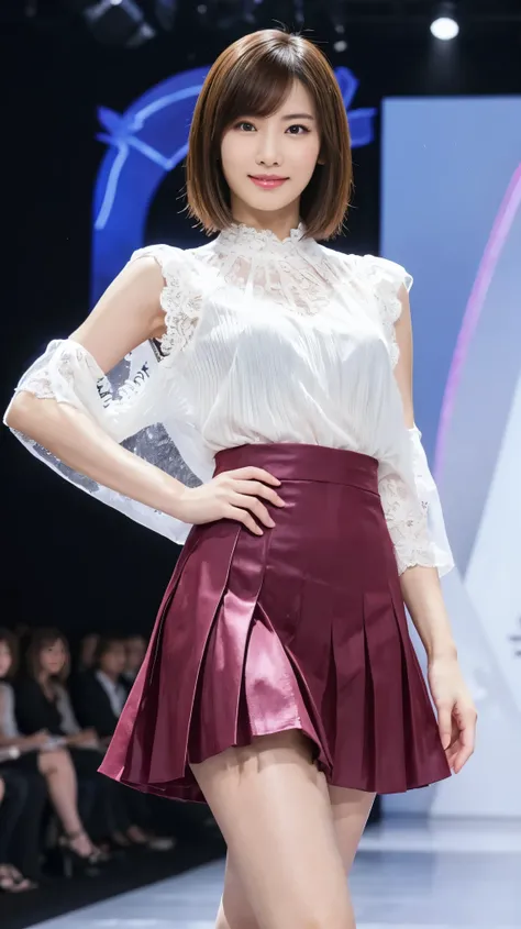 Amazingly large eyes、smile、H-Cup Bust、Waist 50cm、Slender and fair-skinned、Long haired Japanese woman、20 years old、Slim figure、Wearing a vibrant pleated skirt and a sheer lace blouse、Wearing high heels。On the runway at a fashion show、彼女のwhole bodyが映し出された, F...