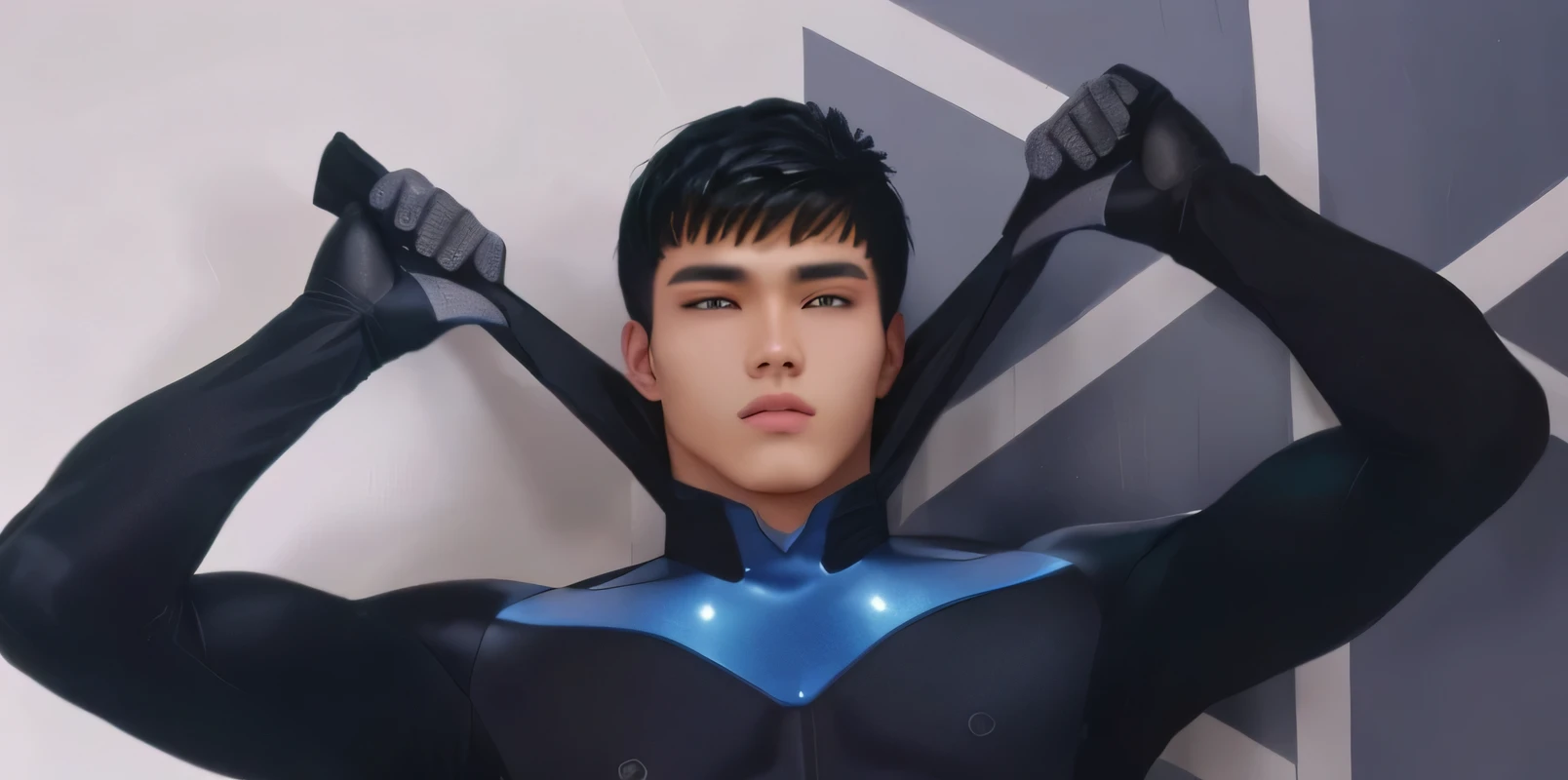 handsome 2 boy, black hair, graduation cut with high fade sides, handsome, zentai suit, body suit.