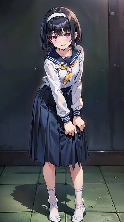 (Highly detailed CG Unity 8k), (Best Quality)，(Very detailed)，(Ultra-high resolution), Black Hair, A high school girl wearing a navy blue sailor suit, Anime 2D Rendering, Realistic high school girl, (White headband:1.4), smile, Purple eyes, Small breasts, ...