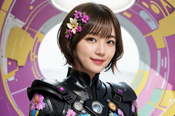 287 (20-year-old woman,Short Hair) , (A kind smile) , flower , (Futuristic combat suit), (colorful), fractal