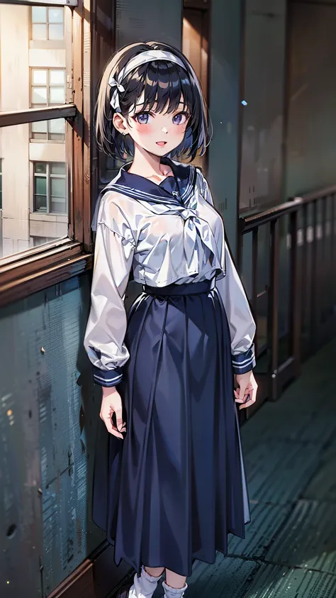 (Highly detailed CG Unity 8k), (Best Quality)，(Very detailed)，(Ultra-high resolution), Black Hair, A high school girl wearing a navy blue sailor suit, Anime 2D Rendering, Realistic high school girl, (White headband:1.4), smile, Purple eyes, Small breasts, ...