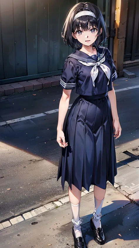 (Highly detailed CG Unity 8k), (Best Quality)，(Very detailed)，(Ultra-high resolution), Black Hair, A high school girl wearing a navy blue sailor suit, Anime 2D Rendering, Realistic high school girl, (White headband:1.4), smile, Purple eyes, Small breasts, ...