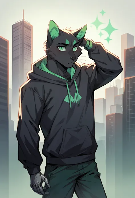 An Indian youth, his face fully revealed, stands confidently amidst the cybernetic cityscape. Adorned in a white and black hoodie, he exudes a sense of urban style and intrigue. Soft orange and green lights gently illuminate the scene, accentuating his fea...