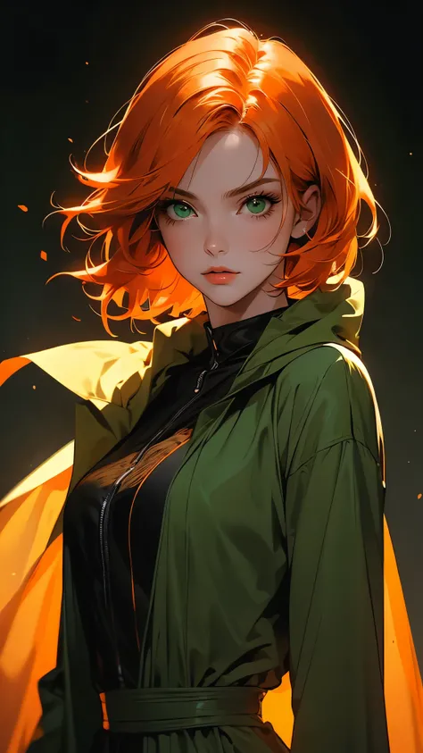 envision a 8k, highres, cinematic, beautiful close up portrait of a sexy lady with a slender body, strong face, strong mature older face, (((short orange hair))), side locks, long bangs, green eyes, green cloak, olive jump suit,  ((((1girl)))), in dark lig...