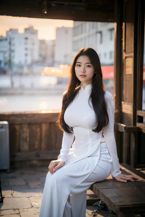 ((1 jeune fille vietnamienne portant un ao dai, corps potelé, visage réaliste avec de nombreux détails, visage d'asie du sud-est...