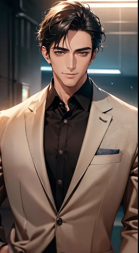 (best quality, masterpiece, 8K, photorealistic, cinematic lighting, hdr image, ultra detailed, beautiful image), a mature man, very handsome, smile, short grey black hair, brown eyes, perfect face without errors, ((buttoning the jacket, CEO))
