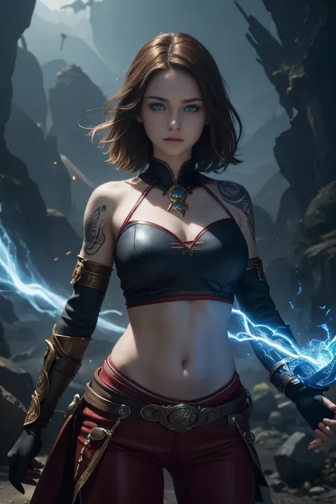 8k,blue eyes, young girl, teenager, red clothes, loose pants, brown hair, short hair, pale skin, white skin with blue-line tattoos, swirling wind, whirlwind, tornado, pants, midriff, long gloves, bracers, electricity, elemental hands, hands down, arched ba...