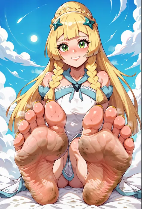 Lillie from Pokemon Sun and moon, sexy, naked, feet, soles, wrinkled soles, dirty soles, stinky feet, yellow toenail. Masterpiece, UHD