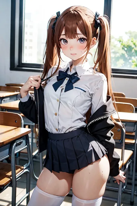 1girl, twin tails ginger hair, in a classroom, sexy pose, blushing, heavy breathing, sweating, school uniform, afternoon, hot weather, small breasts, white thigh highs