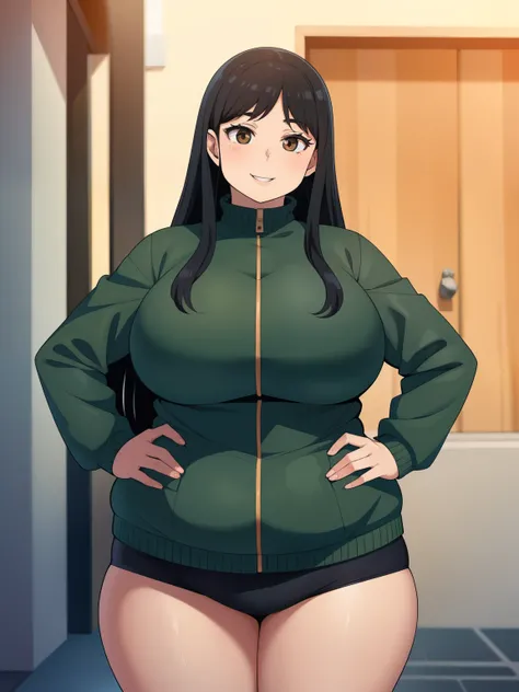 Plump year 21 big breasts black hair brown eyes happy longer hair smile blushing deredere green jacket