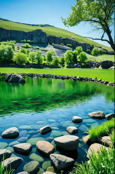 lake with rocks and fish, with a green field and a tree in the middle