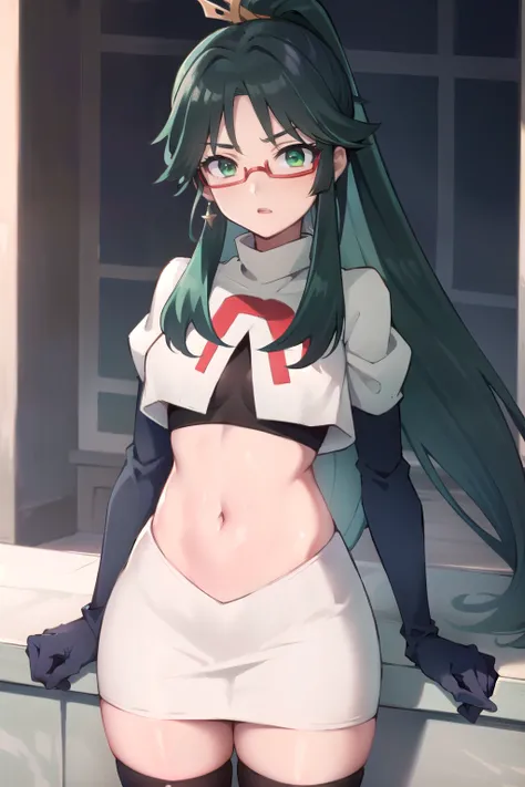  masterpiece, best quality, anime, highly detailed face, perfect lighting, long hair, ponytail, multicolored hair, black hair, bangs, glasses, semi-rimless eyewear, earrings, green hair, hair ornament, jewelry, red-framed eyewear, green eyes, team rocket,t...