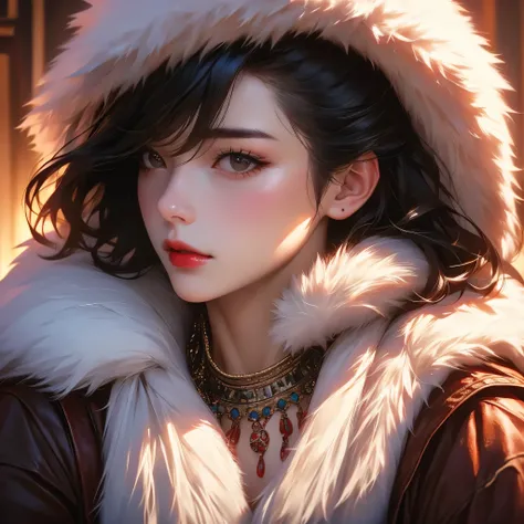 1girl, solo, black hair, necklace, realistic, jewelry, fur trim, short hair, lips, looking at viewer, closed mouth, shirt, red lips, coat, nose